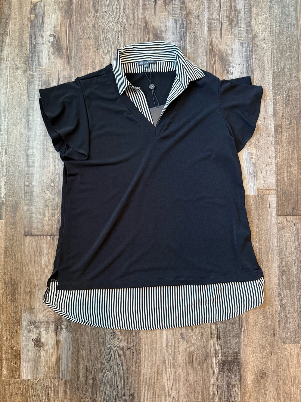 Black Layered Blouse with Striped Collar
